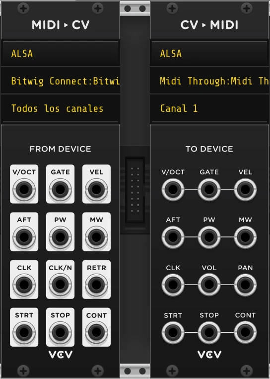 Módulos MIDI-CV y CV-MIDI en VCV Rack