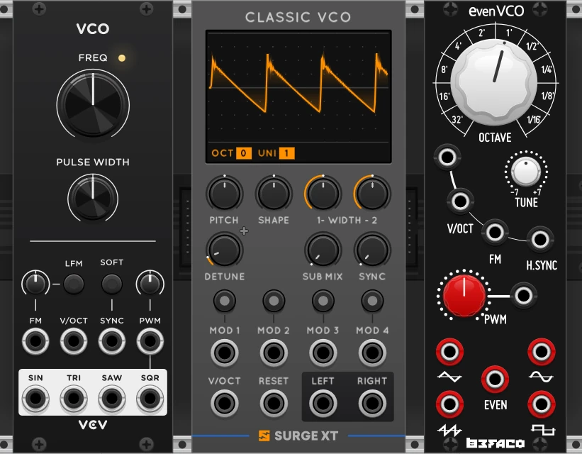 Módulos VCO: VCV, Surge XT Classic y Befaco Even