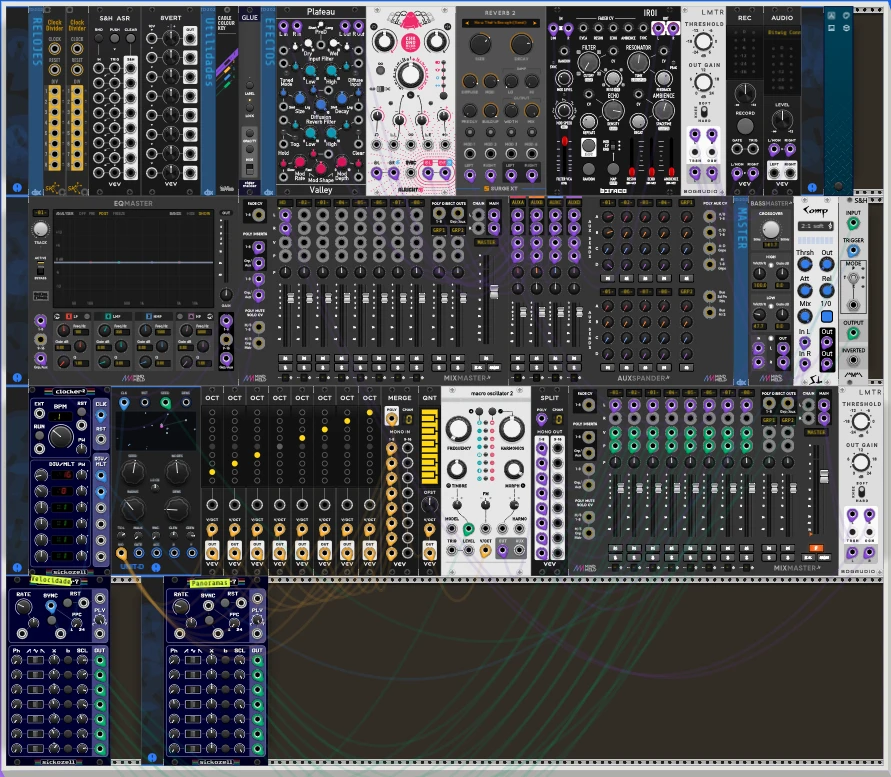 Captura del patch Harmonic Oscillator: ocho octavadores entrando en un Merge, cuantizador y Plaits, con reverb de Surge.