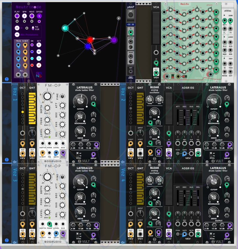 Captura del patch autogenerativo con Neutrinode: la red de nodos de Sha-Bang repartida en cuatro voces con filtros Lateralus.