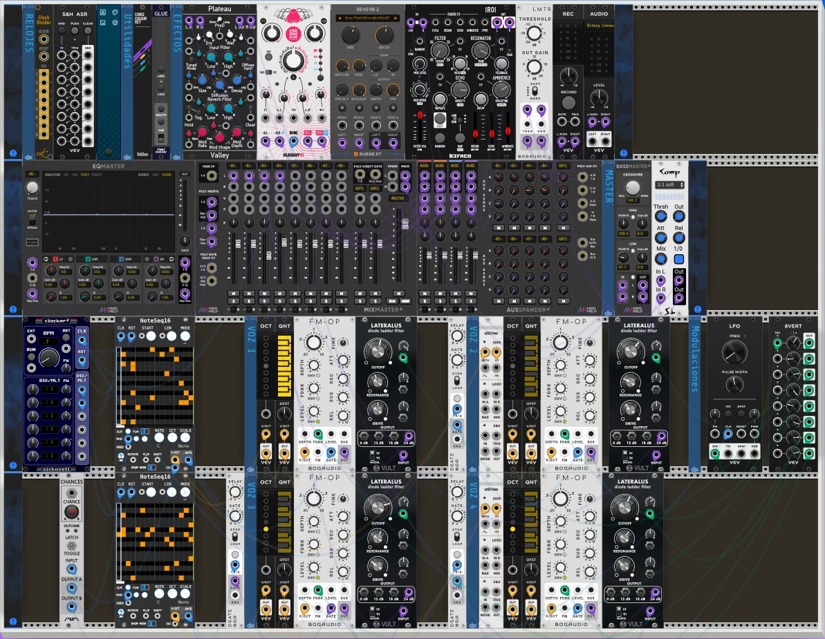 Captura del patch autogenerativo con NoteSeq16: la matriz de notas de JW Modules alimentando cuatro voces de FM-OP.