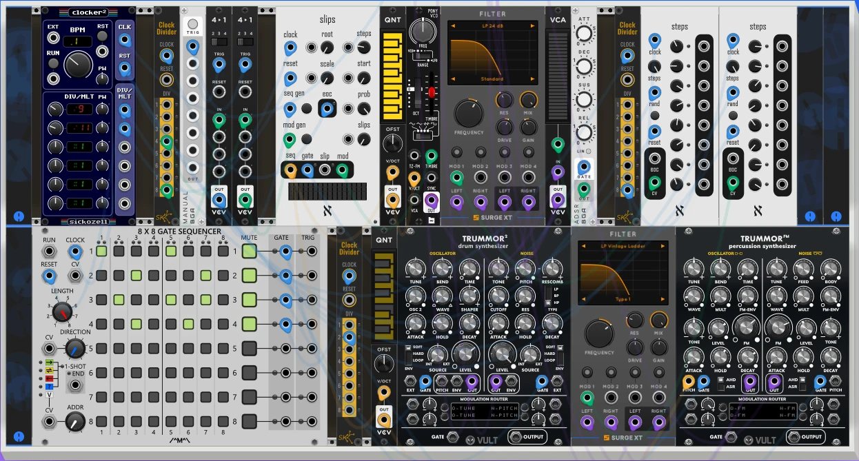 Captura del patch Slips y Steps: los módulos de alefsbits añadiendo variación y probabilidad sobre una base de techno.