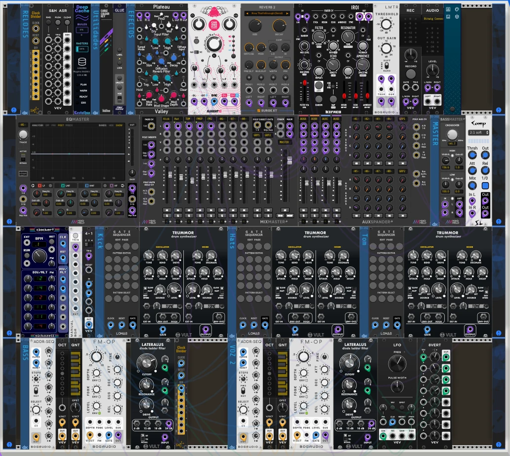 Captura del patch de techno terminado en VCV Rack: relojes, mezclador MixMaster, tres Trummor 2 y dos voces de FM-OP.